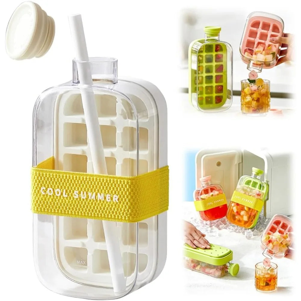 2 in 1 Touch-Free Ice Cube Making Bottle with Lid Straw and Bin Easy Ice Release Perfect for Coffee Juice and Beverages Outdoor