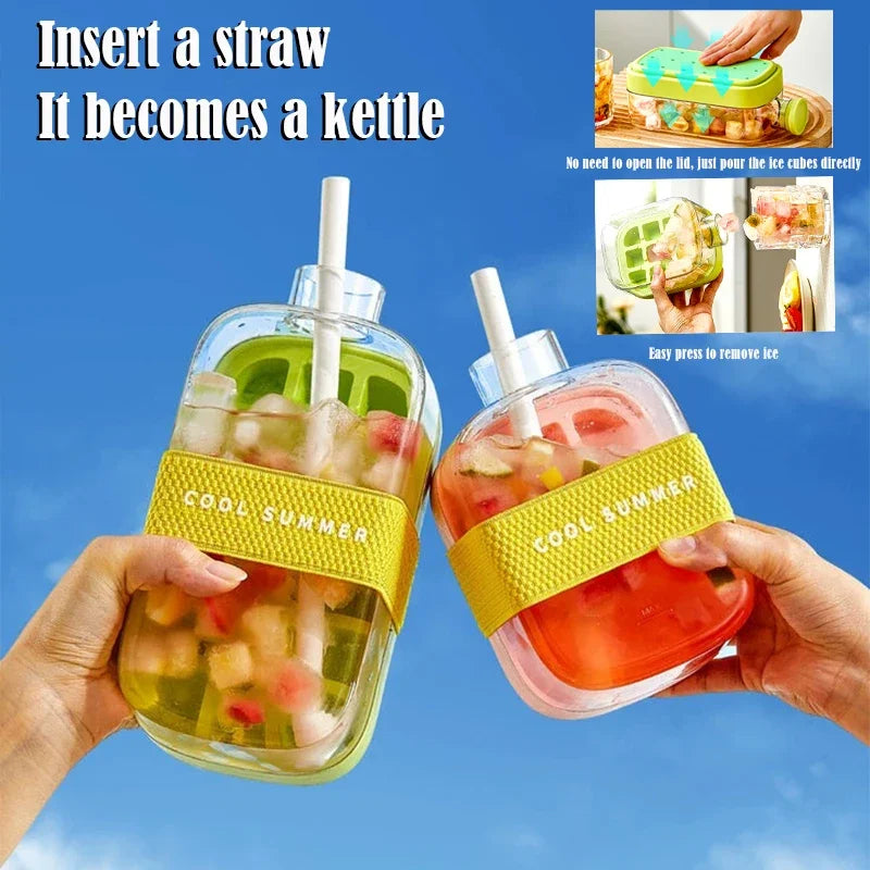 2 in 1 Touch-Free Ice Cube Making Bottle with Lid Straw and Bin Easy Ice Release Perfect for Coffee Juice and Beverages Outdoor