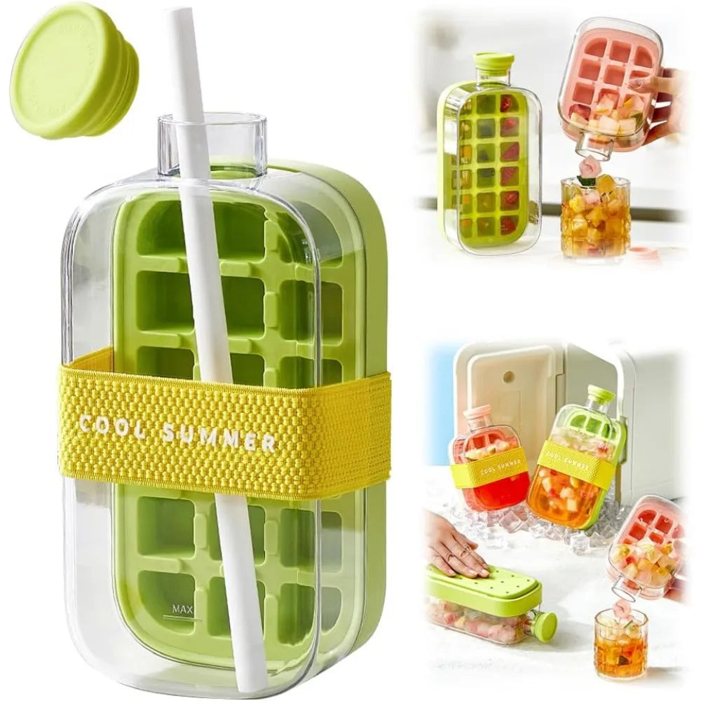 2 in 1 Touch-Free Ice Cube Making Bottle with Lid Straw and Bin Easy Ice Release Perfect for Coffee Juice and Beverages Outdoor