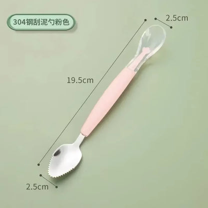 Stainless Steel Baby Cutlery Silicone Double Head Scraping Fruit Puree Spoon Complementary Food Spoon