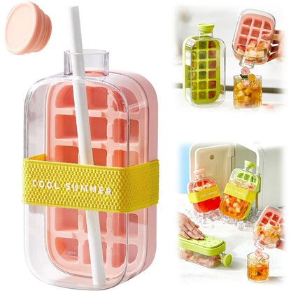2 in 1 Touch-Free Ice Cube Making Bottle with Lid Straw and Bin Easy Ice Release Perfect for Coffee Juice and Beverages Outdoor