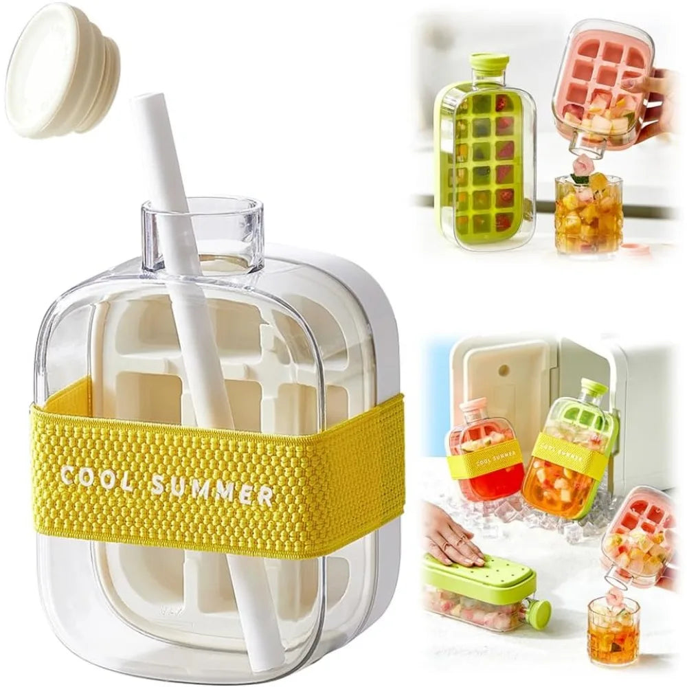2 in 1 Touch-Free Ice Cube Making Bottle with Lid Straw and Bin Easy Ice Release Perfect for Coffee Juice and Beverages Outdoor