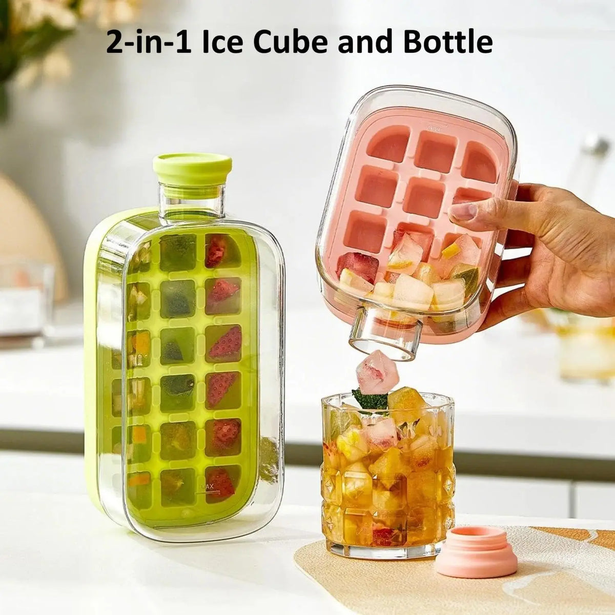 2 in 1 Touch-Free Ice Cube Making Bottle with Lid Straw and Bin Easy Ice Release Perfect for Coffee Juice and Beverages Outdoor