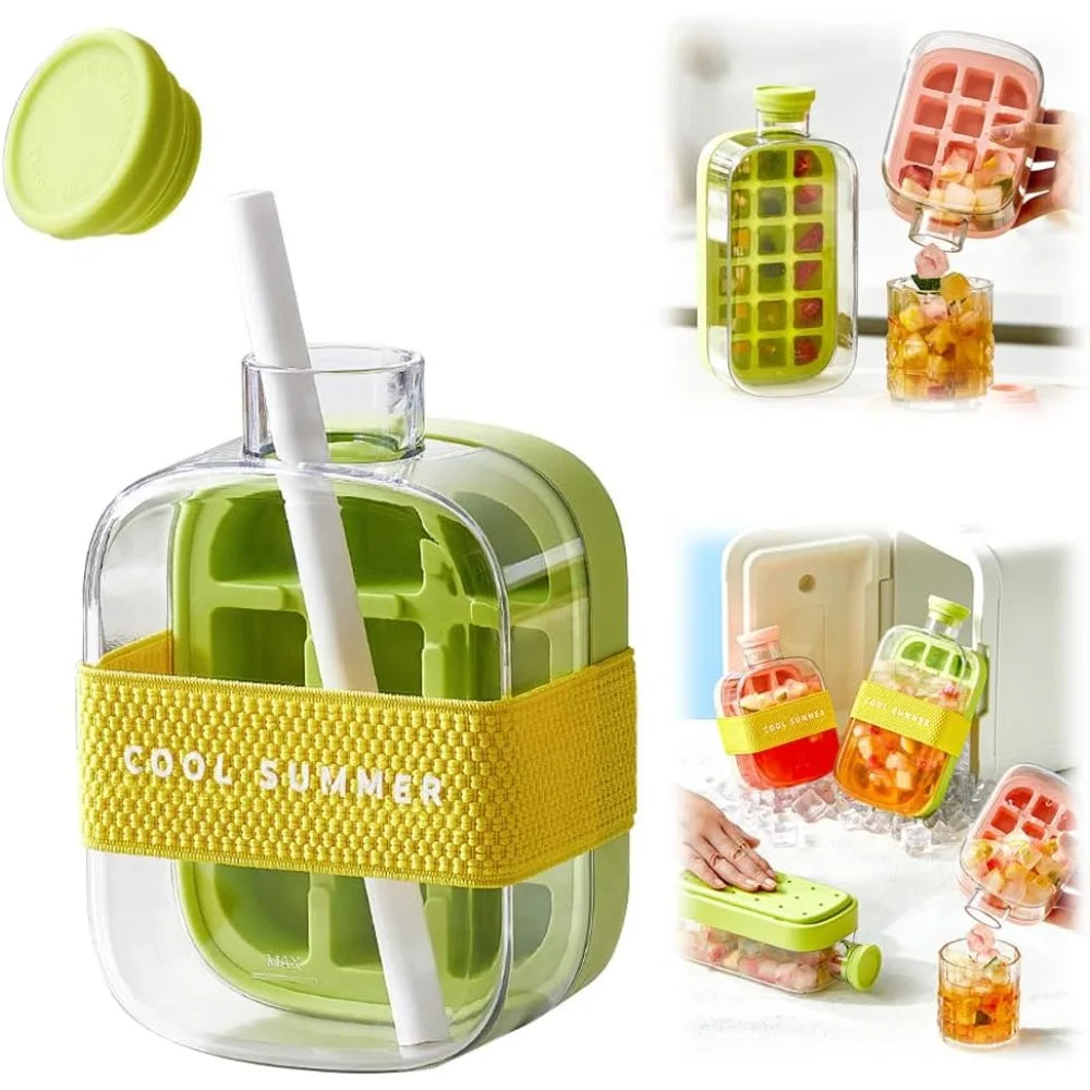 2 in 1 Touch-Free Ice Cube Making Bottle with Lid Straw and Bin Easy Ice Release Perfect for Coffee Juice and Beverages Outdoor
