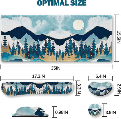 Large Gaming Mouse Pad Set, Keyboard Wrist Rest Support + Mouse Wrist Cushion + Extended Mousepad + Coaster, 35X15.5In Multifunctional Desk Mat, Abstract Mountain