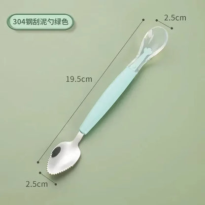 Stainless Steel Baby Cutlery Silicone Double Head Scraping Fruit Puree Spoon Complementary Food Spoon