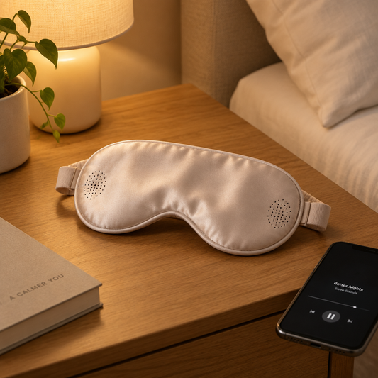 Silk sleep mask with built-in slim bluetooth headphones on a nightstand