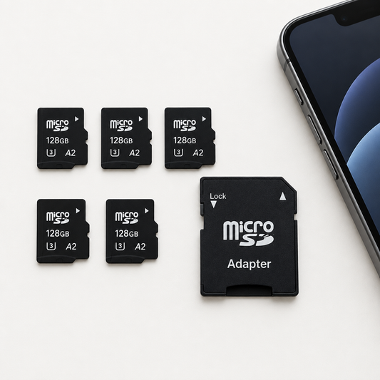Pack of five microSD memory cards with an SD adapter on a clean background